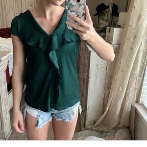 ANTHROPOLOGIE Meadow Rue Forest Dark Green Cascade Ruffle Top Blouse Medium